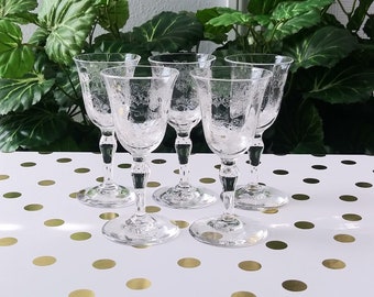 Charming Set of Four Plus One Petite Etched Glass Cordials, Faceted, Delicate, Clear Glass, Grapes Vines, Small, Liqueur, Flared, Stemmed