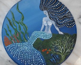 The Sea Ghost Mermaid Painting, Acrylic, Seascape, Beach, Underwater, Fish, Fantasy, Surreal, Surrealism, Round, Wood, Florida, Easel