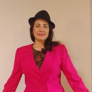 Snazzy Ladies Greek Key Embroidered John Meyer Summer Suit, Hot Pink, Deep Pink, Bright Pink, Lightweight, Double Breasted, Vintage 1980s