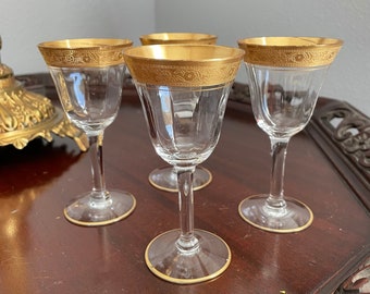 Set of Four Gold Rimmed Cordials, Petite, Flared, Embossed, Clear Glass, 1960s, Ribbed, Hollywood Regency, Set of 4