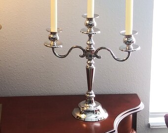Handsome Silverplate Three Arm Candelabra, Candle Holder, Wedding, Bridal, Holiday Decor, Tall, Classic, Thanksgiving, Christmas