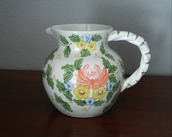 Andrea by Sadek Decorative Pitcher, Medium, Handled, Small, Peach and Green, Celadon Green, Round, 1980s, Collectible, Floral, Flowers