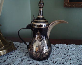 Exotic Decor Brass and Enamel Turkish, Indian, Moroccan Teapot, Inlay, Inlaid Enamel, Heavy Brass, Quality