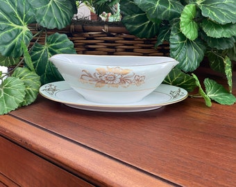 Beautiful RARE Noritake Maitland Gravy Boat with Attached Underplate, Pale Mint Green, Seafoam, Light Green and Gold, Ornate