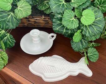 Lot of White Ceramic. Chamber Candle Holder, Embossed Enesco Decorative Fish Mold, Wall Hanging, True White