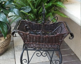 Ornate Heavy Decorative Unusual Sleigh Style Vintage Basket Wrought Iron and Rattan Wicker Sturdy Dark Brown Nice Chocolate Solid