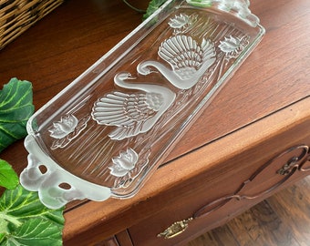 Beautiful Embossed Long Swans and Lotus Dresser Tray, Clear Glass, Frosted Glass, Etched, Handled, Birds, Bird Lover, Bird Watching Gift