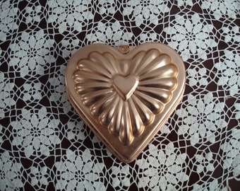 Copper Heart Shaped Gelatin Mold, Anodized Aluminum, Valentine's Day, Double Heart, Ribbed, Grooved, 2-1/2 Cup, Kitchen Display, Holiday