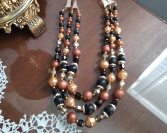 Beautiful Vintage Necklace, 1980s, Black, Copper, Gold Beads, 3 Strand Necklace, Plastic Beads, Quality, Weighty