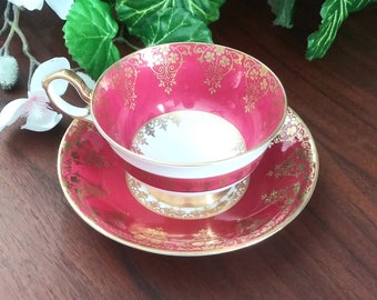 Beautiful Deep Red Pink Magenta Collingswood Teacup and Saucer, Fine Bone China, Gilded, Ornate, Footed, Tea Party, Teatime, Coffee Cup