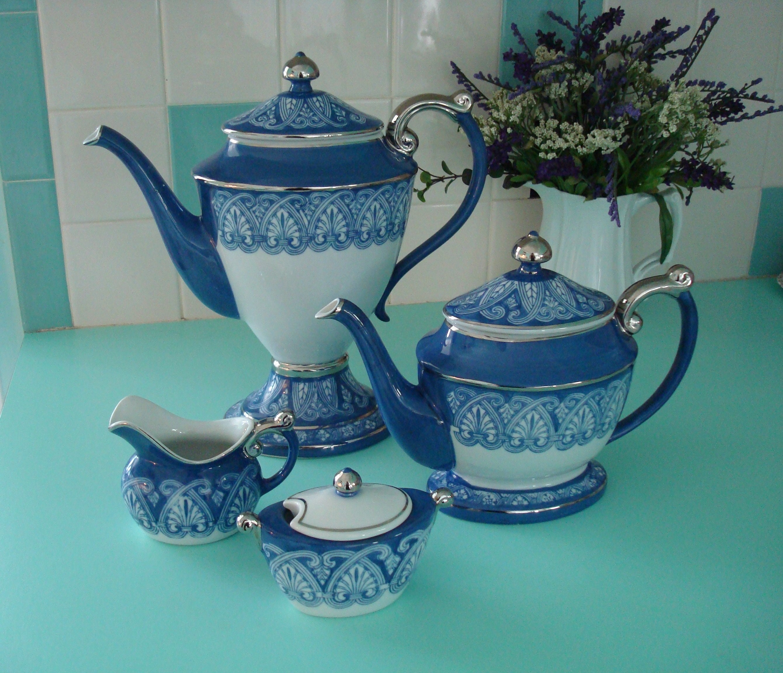 Bombay Company Tea for One Set Arabesque Cobalt Blue White Platinum 3