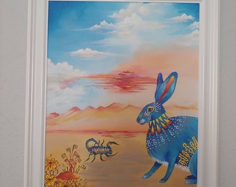 Genuine Acrylic Painting 11X14, Vertical, Framed, Southwestern Jackrabbit, Hare, Brilliant Colors, Blue, Gold, White, Orange, Surrealistic