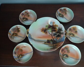 Stunning Noritake Style Trees Serving Bowl, Six Berry Bowls, Rice Bowls, Apricot, Mint Green, Oriental Decor, Sunset, Ornate, Japan