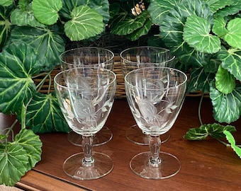 Lovely Set of Four Clear Glass Etched Cocktail Glasses, Retro, Vintage, 1960s, 1970s, Flared, Tall, Stemmed, Roses, Frosted, Water, Wine