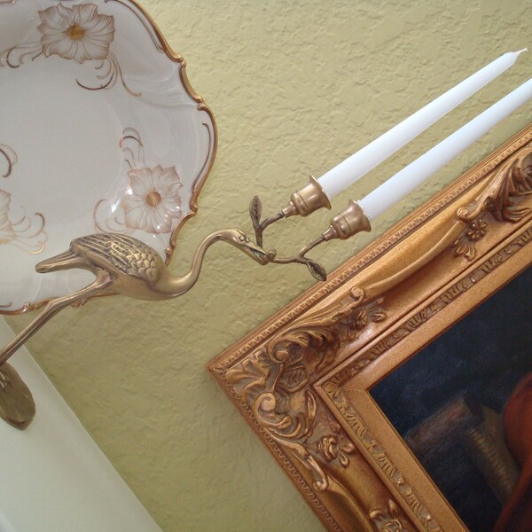 MOVING SALE...Lovely Vintage Figural Solid Brass Dual Candle Holder...Heron Holding a Branch...13.25 Inches Tall