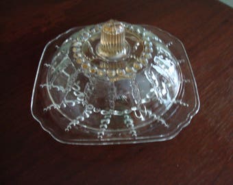 Pretty Imperial Glass Candlewick Butter Dish, Carnival Glass, Round, Square, Clear Glass, Amber, Fancy, Embossed, Beaded