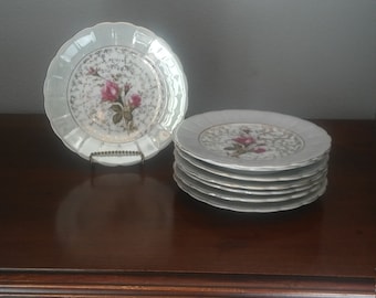 Lovely Set of 8 Vintage Luster Salad or Dessert Plates, Silver Gray, Deep Pink Roses, Japan, Pearlized, Lustre, Scalloped, Fancy, Tea Time