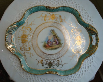 Stunning Antique Dresser Tray, French Boudoir, Marie Antoinette, Cottage Shabby, Chic, Green Aqua Gilt Trim Serenading Couple Figural Tray