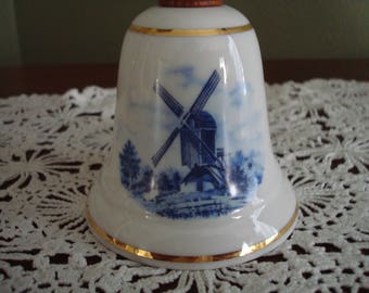 Handsome Delft Style Bell, Cream, Blue Windmill, Wood Handle, Ceramic, Porcelain, Fine China, Gilded, Cobalt Blue, Dark Blue