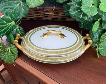 Gorgeous RARE Antique M. Redon Limoges Casserole Dish With Lid, Green and Gold, White, Oval, Leaves, Curved Handles, Ornate, Elegant