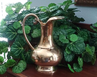 Heavy Solid Brass Pitcher with Handle, Made in India, Circa 1980s, World Bazaar, Handmade, Graceful, Elegant, Gold, Stranger Things