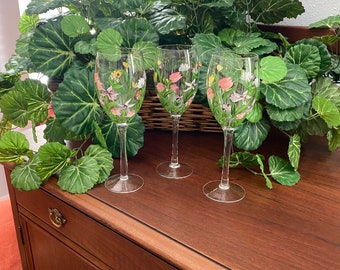 Pair of Two Plus One Hand-painted Tall Wine Glasses, Flowers, Apricot, Yellow, Orange, Green, White, Lot of Three, Party Glasses