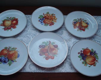 Lot #2 Set of 6 Fruit Plates, Restaurant Decor, Farmhouse Decor, Country Decor, Decorative Plates, Bayreuth Germany, 1960s