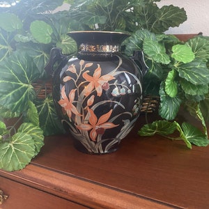 Gorgeous Japanese Iris Flower Vase or Urn, Apricot Iris Flowers, Black, Seafoam Green, Gold, Fritillaria Blooms, Beautiful Garden, Gilded