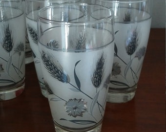 Set of 6 Plus One 1960s Juice Glasses, Black and White, Frosted, Wheat Pattern, Flowers, Mid Century, Weighted, Barware, The Rat Pack