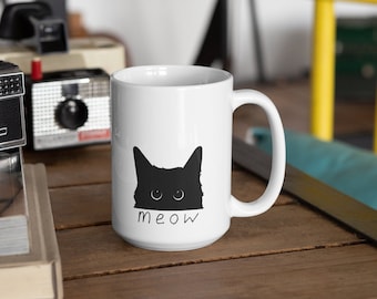 Black Cat Meow Coffee Cup Paw Print Ceramic Mug 15oz