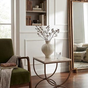 Crema Marfil Marble Side Table, Handcrafted Natural Stone Nightstand, Luxury Metal Base Accent Table
