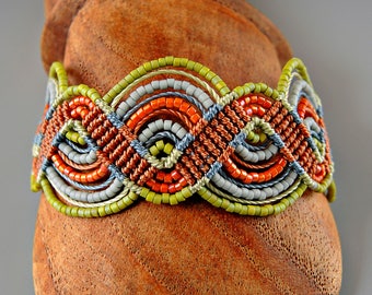 Autumn I Macrame Bracelet - Green, Orange and Blue Micro Macrame Bracelet - Beaded Macrame Bracelet