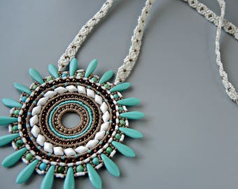 Micro Macrame Mandala Necklace with Daggers - Micro Macrame Necklace -Macrame Jewelry  - Turquoise and Bronze