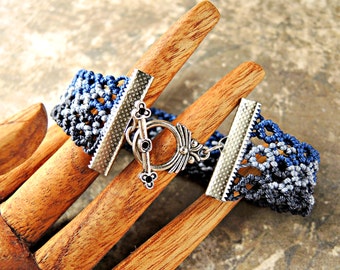 Curves Cuff Macrame Bracelet in Blues - Blue Bracelet - Micro Macrame Bracelet - Navy Blue - Navy Bracelet