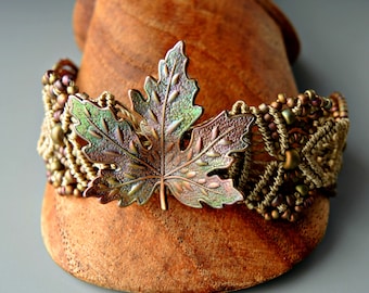 Copper Leaf Macrame Bracelet II - Patina Verdigris Copper Leaf -  Khaki Bracelet - Micro Macrame Bracelet - Handmade Autumn Jewelry