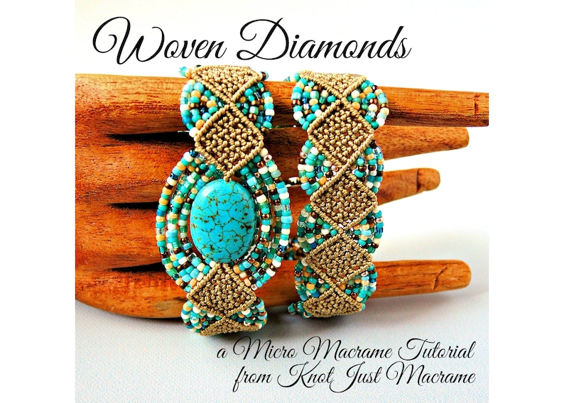 May include: Two macrame bracelets with turquoise stones and diamond patterns. The bracelets are adorned with various colored beads in shades of blue, brown, and white. The text "Woven Diamonds" and "a Micro Macrame Tutorial from Knot Just Macrame" are also visible.