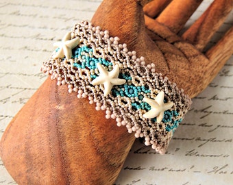 Starfish Cuff - Macrame Bracelet - Curves in Tan and Turquoise with Beaded Picot Edging - Cuff