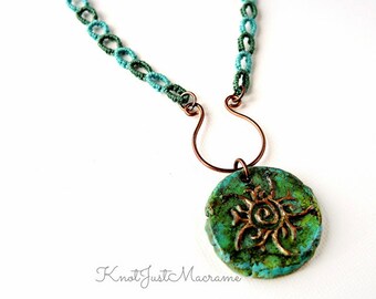 Macrame Necklace with Sun Pendant - Rebirth of the Sun Macrame Necklace - Green and Blue Necklace