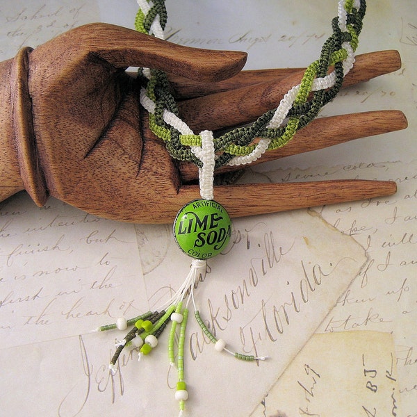 RESERVED Lime Soda Bottle Cap Necklace won Macrame Braids Shades of Green