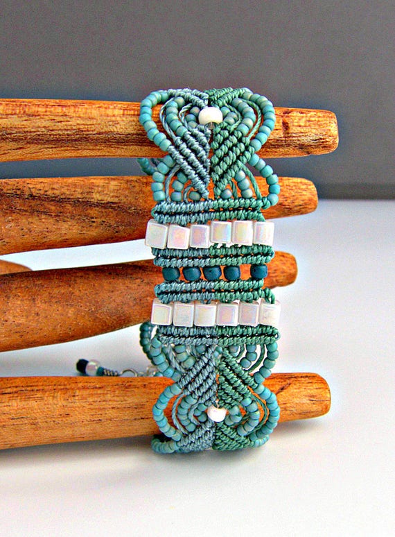 macrame bracelet knotted gemstone candle rope off-white green /& Turquoise Boho