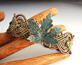 Copper Leaf Macrame Bracelet - Patina Verdigris Copper Leaf -  Khaki Bracelet - Micro Macrame Bracelet - Handmade Autumn Jewelry