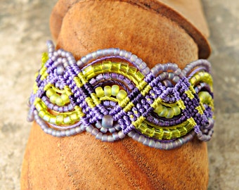Lime and Amethyst Macrame Bracelet - Green and Purple Micro Macrame Bracelet - Beaded Macrame Bracelet