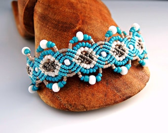 White, Aqua and Sepia Macrame Bracelet II - Micro Macrame Bracelet - Sand and Sea Bracelet - Beach Bracelet - Macrame Jewelry