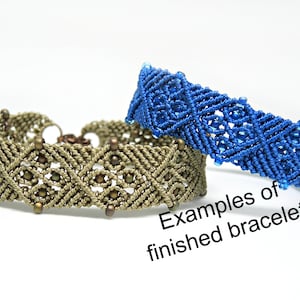 May include: Two examples of finished bracelets, one in a dark green colour with brown beads and the other in a bright blue colour with clear beads. The text "Examples of finished bracelet" is visible below the bracelets.