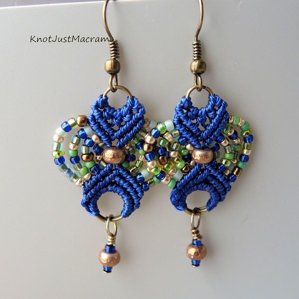 Green, Blue and Gold Colored Beaded Macrame Earrings MicroMacrame