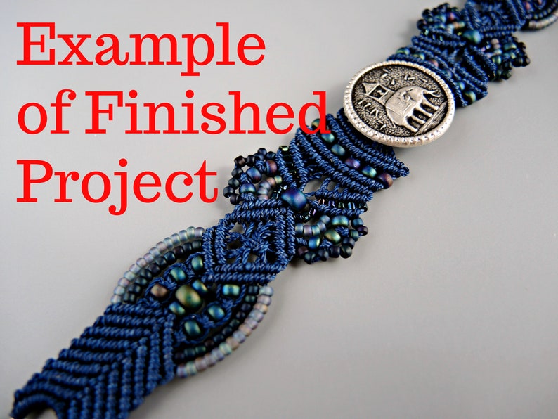 May include: A blue and silver bracelet with a silver charm featuring an elephant. The bracelet is made with a knotting technique and has iridescent beads.