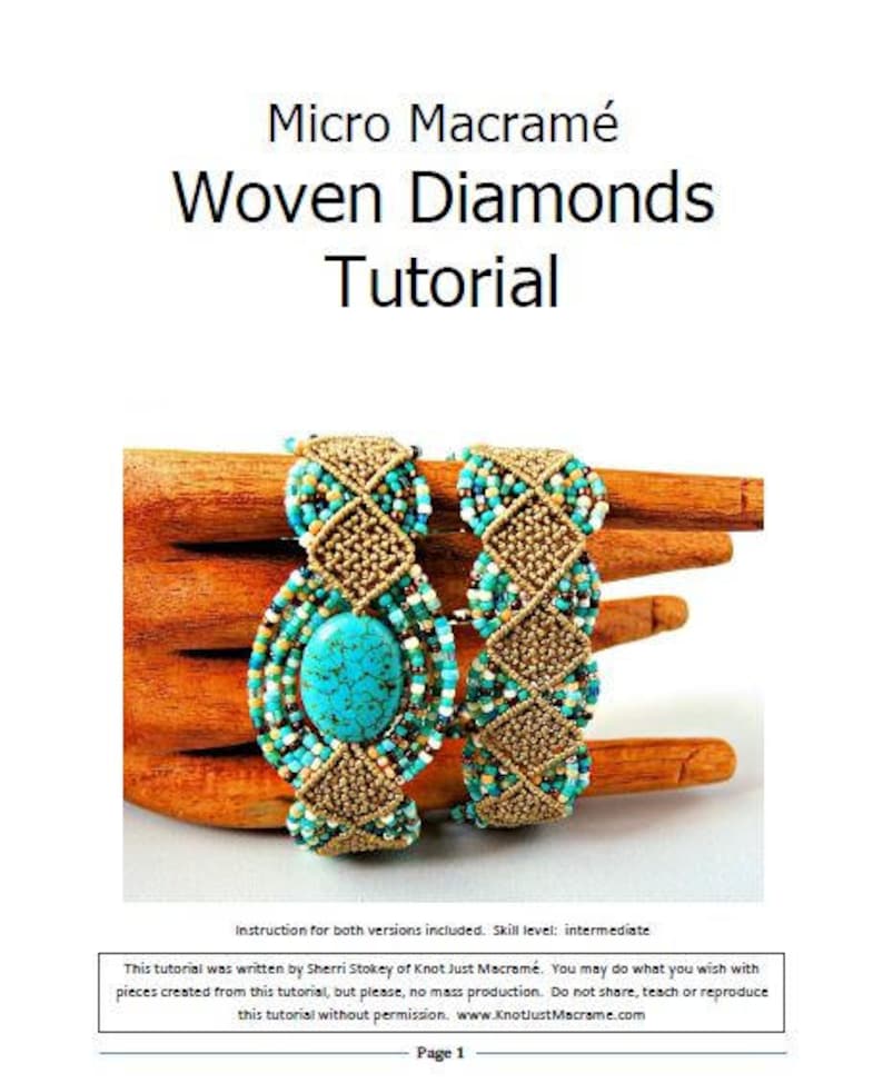 May include: A tutorial titled "Micro Macram&eacute; Woven Diamonds" features two beaded bracelets. The bracelets have a turquoise stone and are adorned with gold and turquoise beads. The tutorial is on a white background with text.