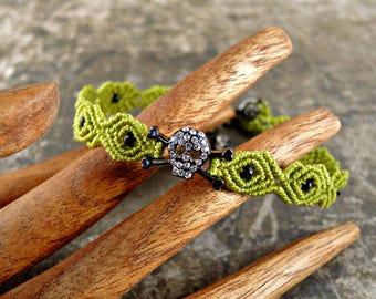 Green Bling Skull and Crossbones Macrame Bracelet - Micro Macrame Bracelet - Size Large Bracelet - Anklet - Gunmetal Skull with Crystals