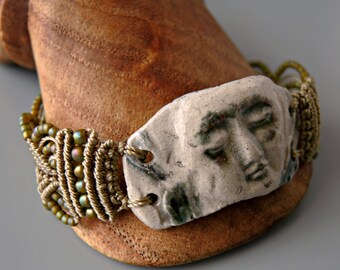 Khaki Serene Face Macrame Bracelet - Khaki Green Micro Macrame Bracelet - Artisan Ceramic Bracelet Bar