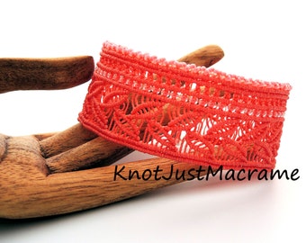 Leafy Cuff in Micro Macrame Wide Bracelet in Coral